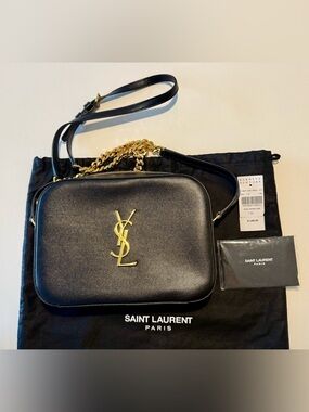 NWT Saint Laurent Black Leather Camera Bag with Gold YSL Logo